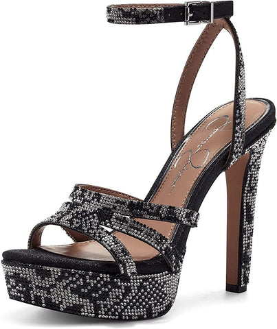 Jessica Simpson Balina Black Rhinestone Platform High Heel Ankle Strap Sandals