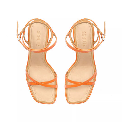 Schutz Narah Orange Open Toe Cross Buckle Ankle Strap Block High Heeled Sandals