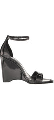Steve Madden Mallor Black Patent Ankle Strap Round Open Toe Wedge Heeled Sandals