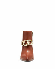 Vince Camuto Gethel Warm Caramel Tan Leather Pointed Toe Chain Block Heel Bootie