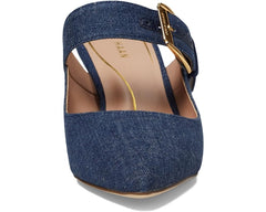 Cole Haan Vandam Buckle Denim Leather Pointed Toe Kitten Heeled Dress Pumps