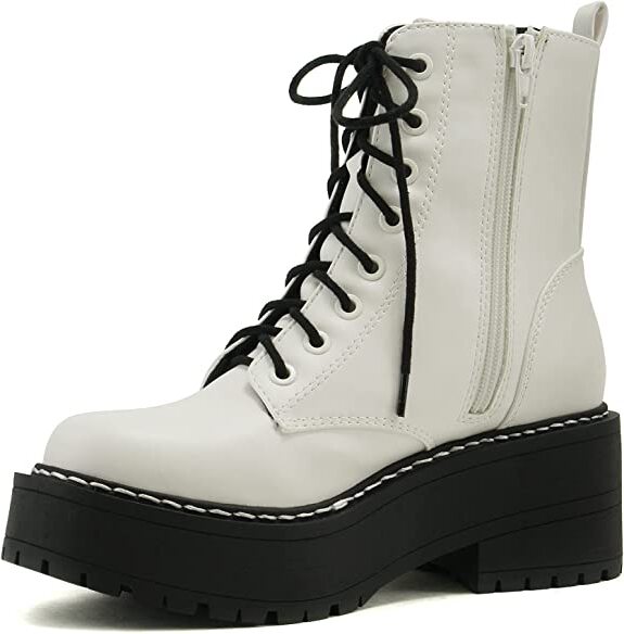 Soda Fling White Pu Lace Up Chunky Lug Sole Rounded Toe Wide Combat Ankle Boots