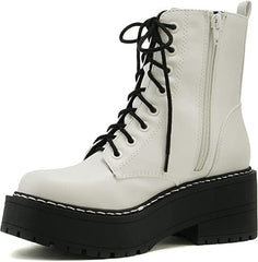 Soda Fling White Pu Lace Up Chunky Lug Sole Rounded Toe Combat Ankle Boots