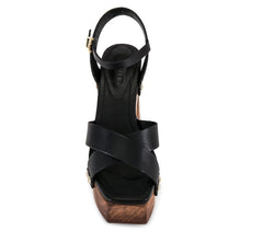 Schutz Gaylah Black Fashion Ankle Strap Open Toe Wood Platform Heeled Sandals