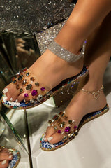 Liliana Honnay-2 Multi Snake Clear Rhinestone Gem Slip On Slide Mule Flat Sandal