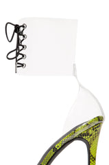 Cape Robbin Passion Yellow Neon Transparent Clear Lace Up High Heel Pump Sandals