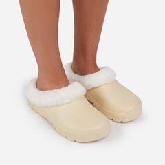 Luxemoda Women's Muffin Fluffy Faux Fur Trim Flat Rubber Mule Waterproof Slipper