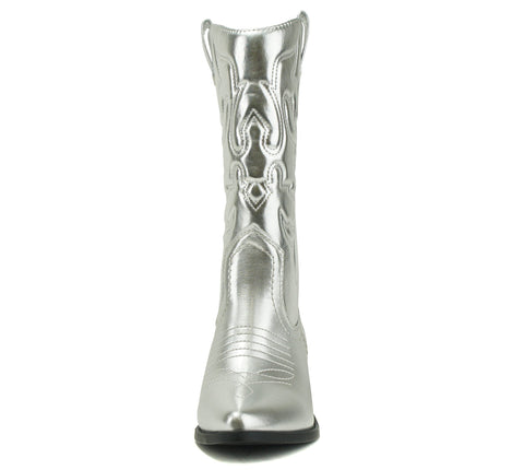 Soda Red Reno Silver Metallic Pu Western Pointed Toe Knee High Pull On Boots