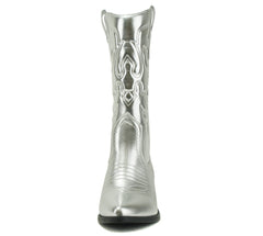 Soda Red Reno Silver Metallic Pu Western Pointed Toe Knee High Pull On Boots