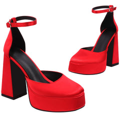 Women's Platform Chunky Heels Closed Toe Block Heel Pumps Square Toe Ankle Strap Pump Shoes
