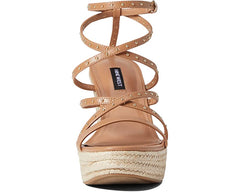 Nine West Hunda 3 Light Tan Rounded Open Toe Buckle Closure Wedge Heeled Sandals