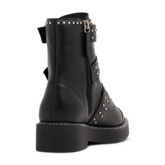 Schutz Caligas Black Studded Buckled Straps Side Zipper Round Toe Combat Boots