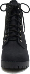 Soda Single Black Nubuck Lug Sole Chunky Heel Lace Up Platform Combat Wide Boots