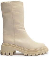 Schutz Juany Winter Egg Shell Rounded Toe Mid Calf Lug Sole Block Heeled Boots