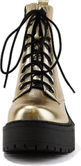 Soda Fling Gold Metallic Pu Lace Up Chunky Lug Sole Round Toe Wide Combat Boots