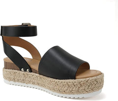 Soda Topic Black Pu Espadrilles Ankle Strap Studded Wedge Wide Platforms Sandals