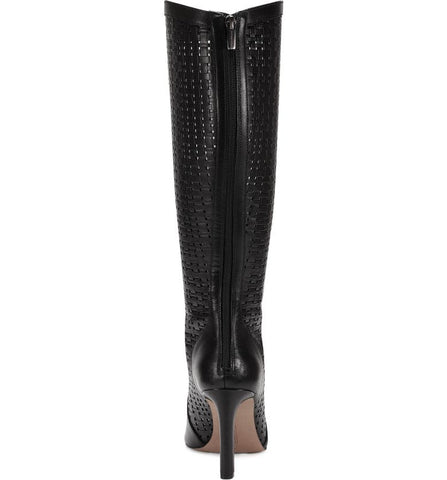 Vince Camuto Shelrica Black Open Peep Toe Woven Shaft Knee High Open Toe Boot