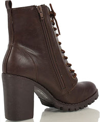 SODA Malia Brown Round Toe Stacked Lug Heel Lace Up Ankle Combat Booties