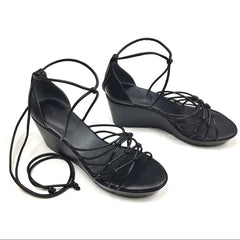 Charles David Vegas Black Leather Strappy Low Platform Tie Up Wedge Sandals