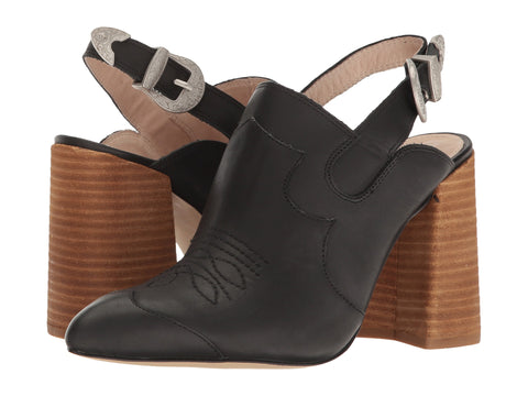 Shellys London Donna Black Leather Pointed Toe Slingback Block Heel Mule Booties
