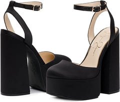 Jessica Simpson Skilla Black Satin Platform Pump Buckle Strap Block Heel Sandals