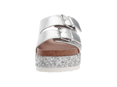 Shellys London Hawaii Silver Metallic Leather Glitter Platform Slide Sandals