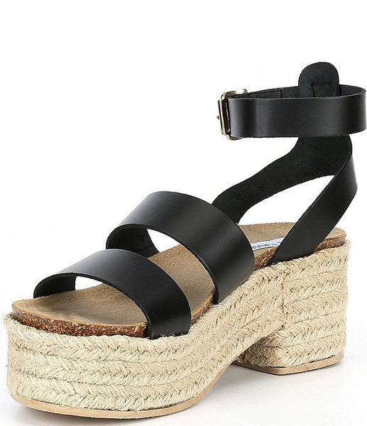 Steve Madden Kelton Black Leather Ankle Strap Open Rounded Toe Heeled Sandals