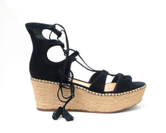 Schutz Hudson Black Open Toe Tie Up Espadrille Heeled Platform Wedge Sandals