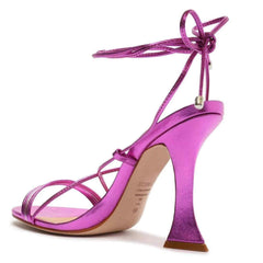 Schutz Arceli Bright Violet Metallic Lace Up Open Toe Flared Heel Tie Up Sandals