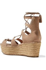 Schutz Hudson Neutral Lace-Up Suede Wedge Sandals Taupe Suede Flatform Platform