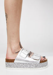 Shellys London Hawaii Silver Metallic Leather Glitter Platform Slide Sandals