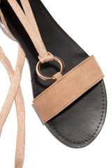 Shoe Republic LA Ripa Taupe Open Toe Closed Back Wrap Closure Flat Mules