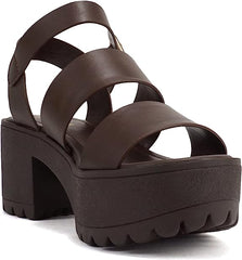 Soda Account Brown Pu Ankle Strap Round Open Toe Strappy Block Heeled Sandals