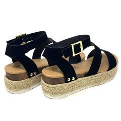 Soda Top Shoe Bryce Black Open Toe Strap Espadrilles Flatform Wedge