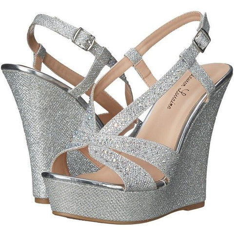 Lauren Lorraine Nika Silver Sparkle Fashion Wedge Platform Ankle Strap Sandals