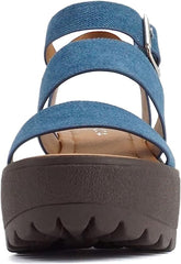 Soda Account Denim Blue Ankle Strap Round Open Toe Strappy Block Heeled Sandals