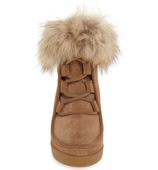 Cecelia New York Holly Wedge Bootie Chestnut Tan Suede Fur Lace Up Platform Boot
