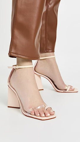 Schutz Avva Eggshell Clear Vamp Buckled Strap Open Toe Block Heeled Sandals