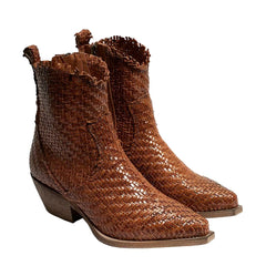Sam Edelman Blair Cuoio Stacked Heel Pointed Toe Leather Woven Western Boots