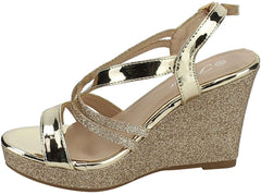 Forever Happy-09 Rose Gold Glitter Strappy Wrapped Wedge Heel Platform Sandals