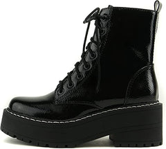 Soda Fling Black Patent Lace Up Chunky Lug Sole Rounded Toe Combat Ankle Boots