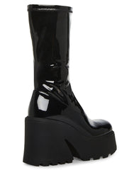 Steve Madden Arrow Black Leather Rounded Toe Chunky Heeled Platform Fashion Boot