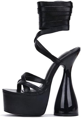 Cape Robbin JULEE Black Super High Heel Platform Strappy Cone Heeled Sandal Pump