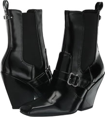 Sam Edelman Suzette Black Leather Buckle Detailed Squared Toe Ankle Boots