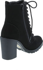 SODA Malia Black Nubuck Round Toe Stacked Lug Heel Lace Up Ankle Combat Booties