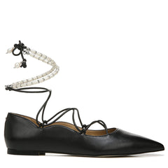 Sam Edelman Winslet Black Leather Lace-Up Pearl Beaded Pointed Toe Flats Shoes