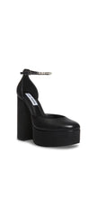 Steve Madden Bangle Black Leather Ankle Strap Super High Platform Pump Sandals