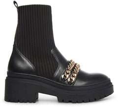 Steve Madden Zyla Black Leather Pull On Chain Detailed Moto Fitted Bootie