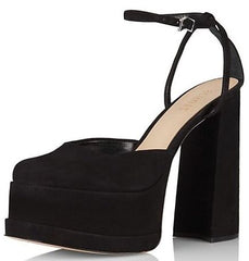 Schutz Luan New Black Ankle Strap Square Toe Chunky Platform Block Heel Pumps