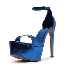 Schutz Cadey-Lee Blue Snake Sleek Buckle Ankle Strap High Heel Platforms Sandals